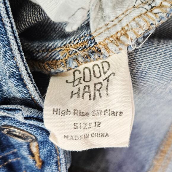 Good Hart High Rise Slit Flare Leg Jeans Size 12 High Rise Boho Hippie Raw Hem - Picture 9 of 13